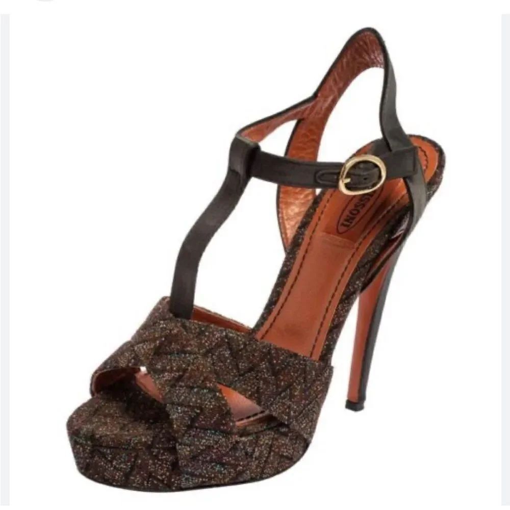 Missoni Tess Lurex Basket Brown Metallic ZigZag Weave Stiletto T Strap Heels
